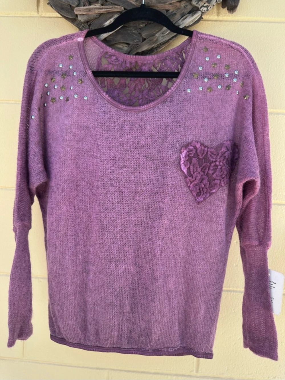 Women's Mauve Lace Heart Scoop Neck Sweater